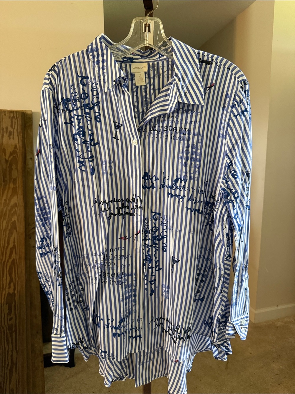 Chico's Blue & White Script-Print Striped Button-Down Shirt